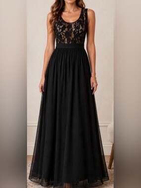 Lulus Black Lace Maxi Dress Formal Evening Gown Wedding Guest Size S